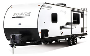 2019 Venture RV Stratus SR261VRK Travel Trailer Exterior Front 3-4 Off Door Side Shown in Polar White