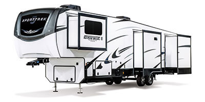 2024 Venture RV SportTrek Touring Edition STTF354VBH Fifth Wheel Exterior Front 3-4 Off Door Side with Slides Out