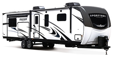 2023 Venture RV SportTrek Touring Edition STT336VRK Travel Trailer Exterior Front 3-4 Door Side