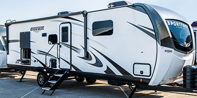 2024 Venture RV SportTrek Touring Edition STT302VRB Travel Trailer Exterior Front 3-4 Door Side