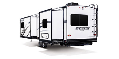 2024 Venture RV SportTrek Touring Edition STT333VMI Travel Trailer Exterior Rear 3-4 Off Door with Slides Out