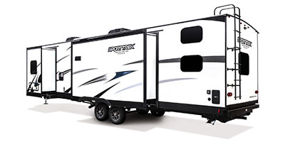 2024 Venture RV SportTrek Touring Edition STT343VIB Travel Trailer Exterior Rear 3-4 Off Door Side with Slides Out