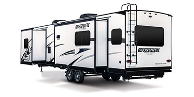 2024 Venture RV SportTrek Touring Edition STT343VIK Travel Trailer Exterior Rear 3-4 Off Door Side with Slides Out