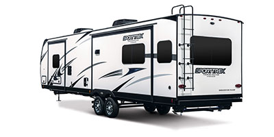 2024 Venture RV SportTrek Touring Edition STT343VIK Travel Trailer Exterior Rear 3-4 Off Door Side