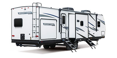 2024 Venture RV SportTrek ST333VIK Travel Trailer Exterior Rear 3-4 Door Side with Slide Out