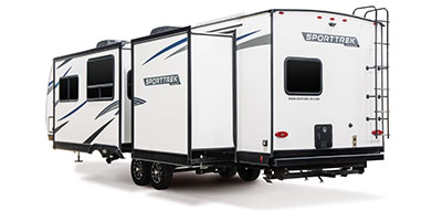 2024 Venture RV SportTrek ST333VIK Travel Trailer Exterior Rear 3-4 Off Door Side with Slides Out